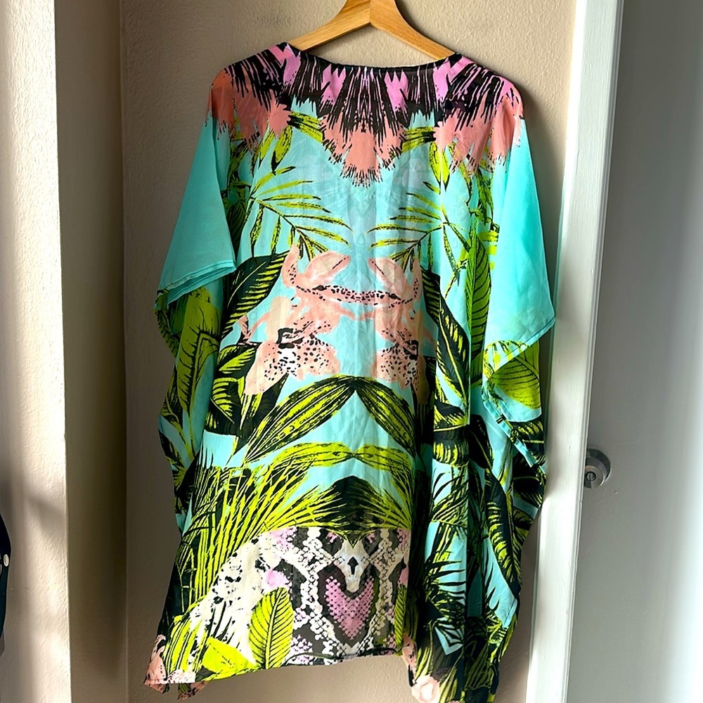Tropical Patterned V Neck Sheer Caftan Coverup - image 6